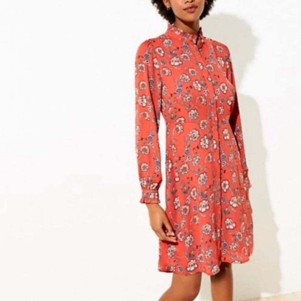 Loft Red Floral Button Front Dress with Ruffles